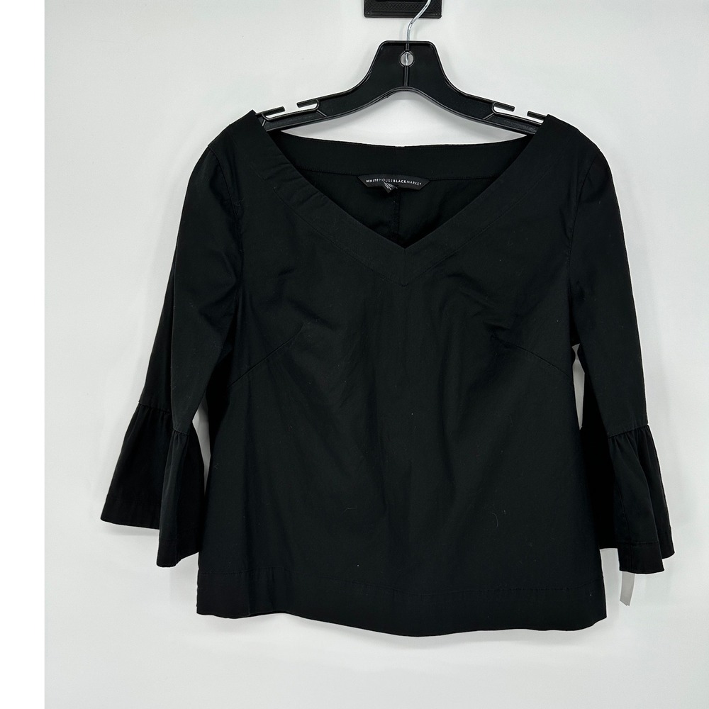 Black V-Neck Bell Sleeve Blouse Top Womens 6 White House Black Market